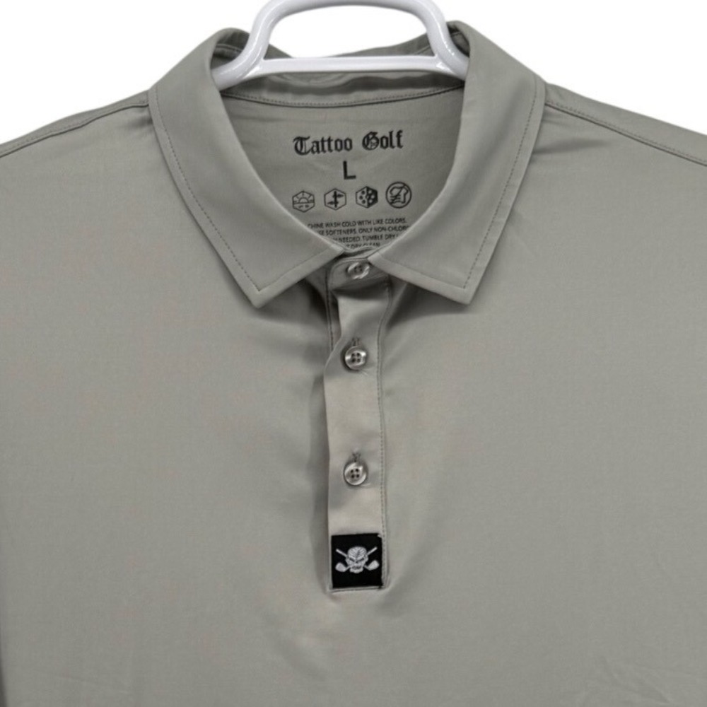 Tattoo Golf Mens Gray Performance Polo Shirt Skull Logo Stretch Sz L UPF 50